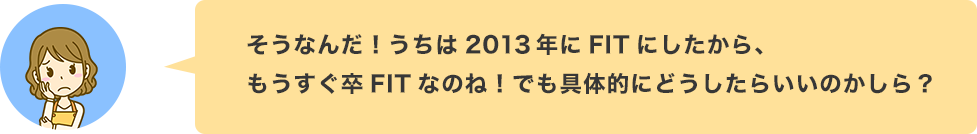 そうなんだ！うちは2013年にFITにしたから、もうすぐ卒FITなのね！でも具体的にどうしたらいいのかしら？